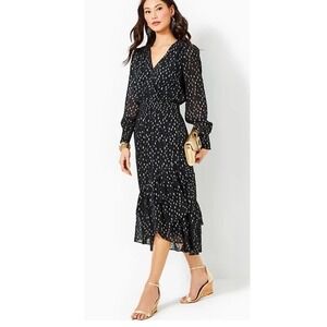 NEW LILLY PULITZER Cristiana Midi Maxi Dress Size 00 Black Onxy Gold Clip